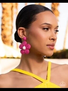 Vibrant Pink Floral Drop Earrings with White Center - Women Jewelry